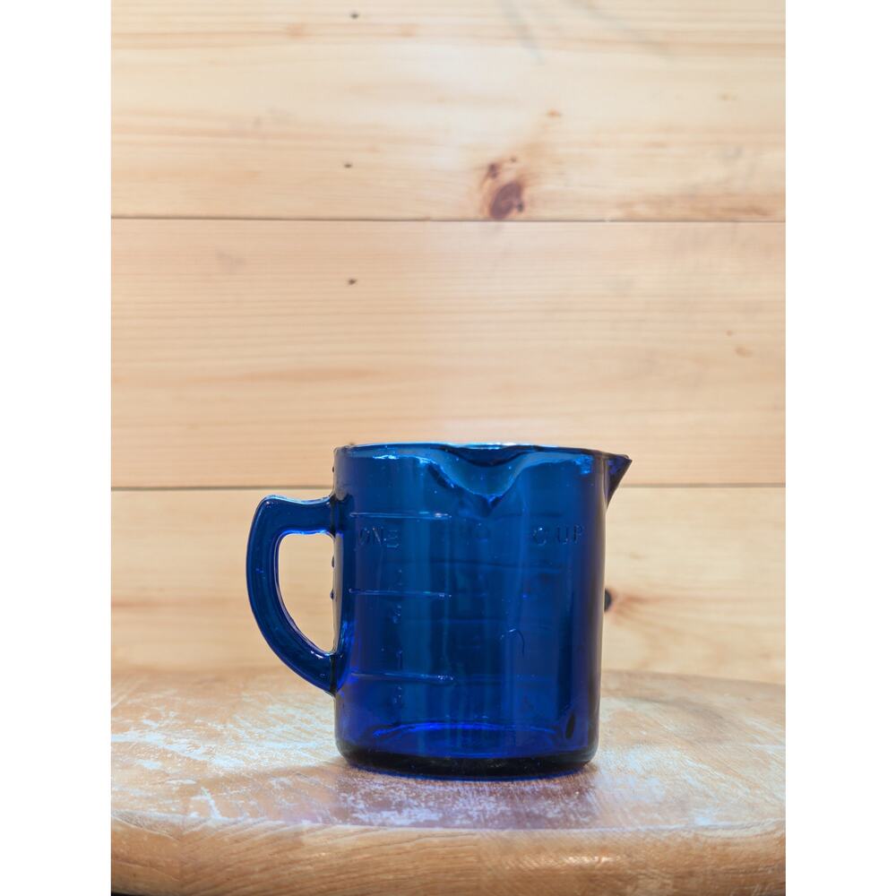 Vintage Cobalt Blue Glass Measuring Cup with Triple Pour Spouts